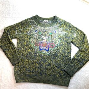Kenzo Paris Tiger Embroidered Wool Sweater Size XL Green Knit